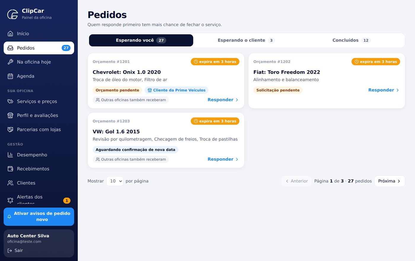 Lista de pedidos com abas e prazos