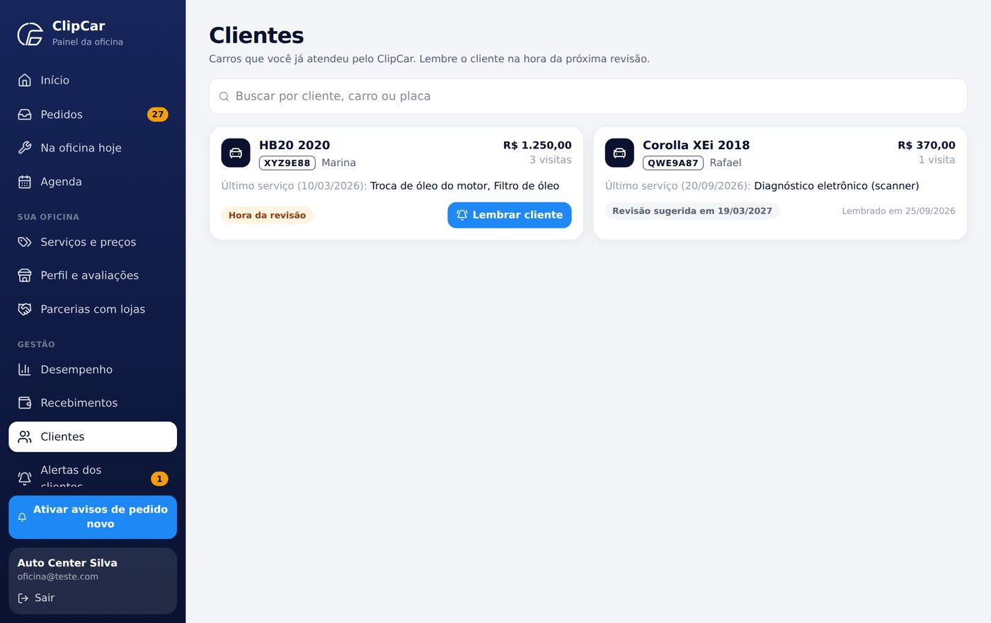 Lista de clientes atendidos com próxima revisão