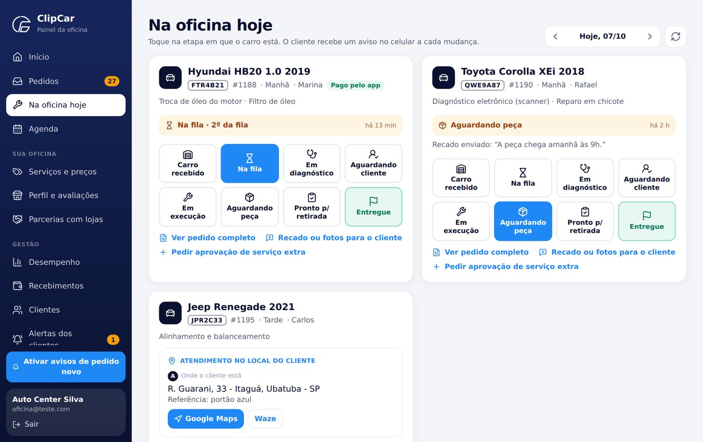 Tela Na oficina hoje com os carros e as etapas