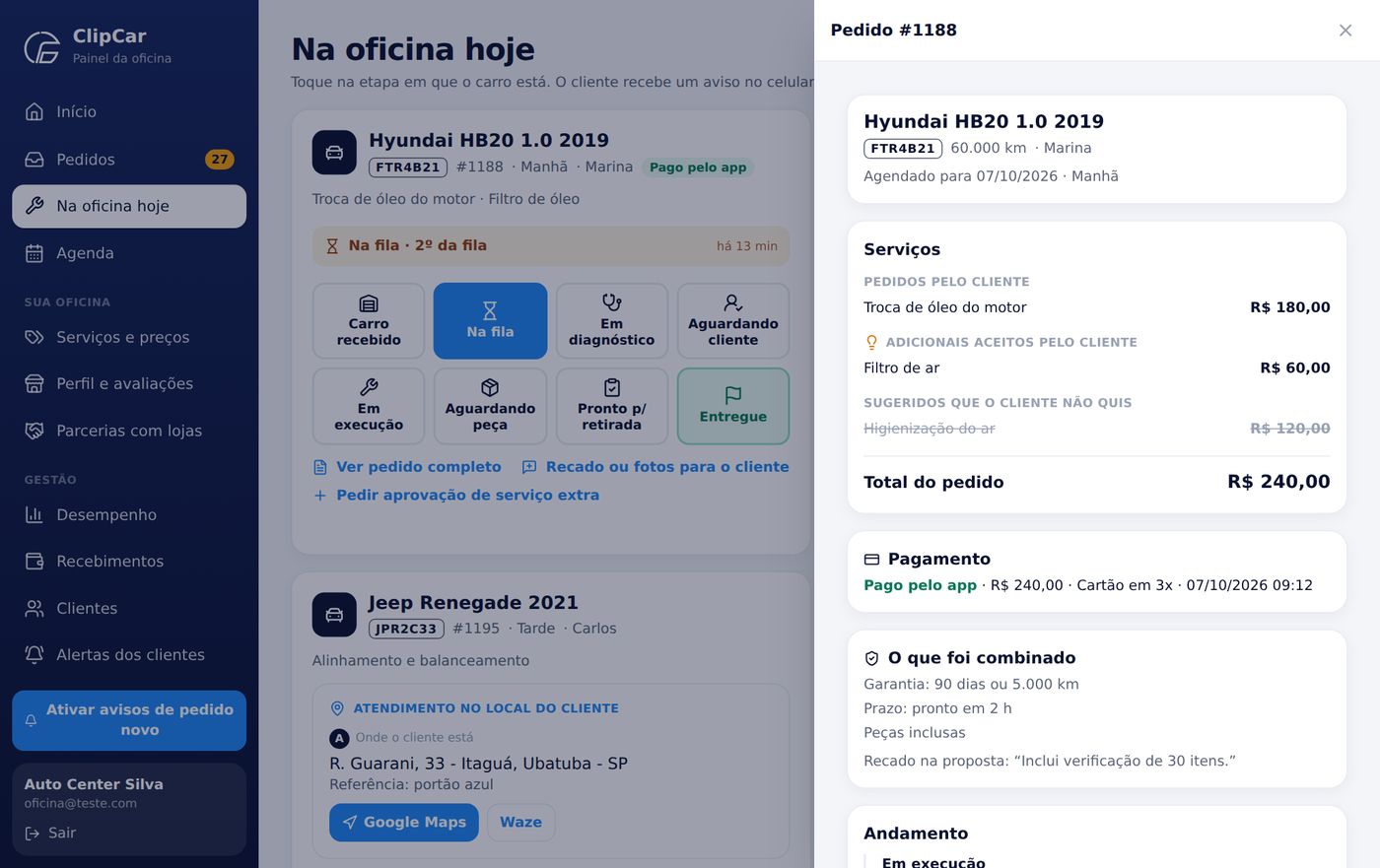Gaveta com os detalhes completos do pedido