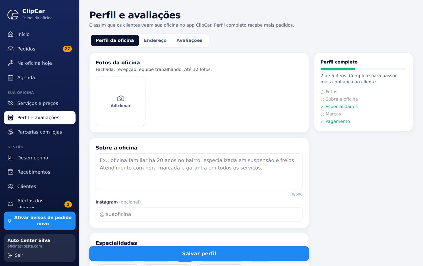 Edição do perfil da oficina com fotos e descrição