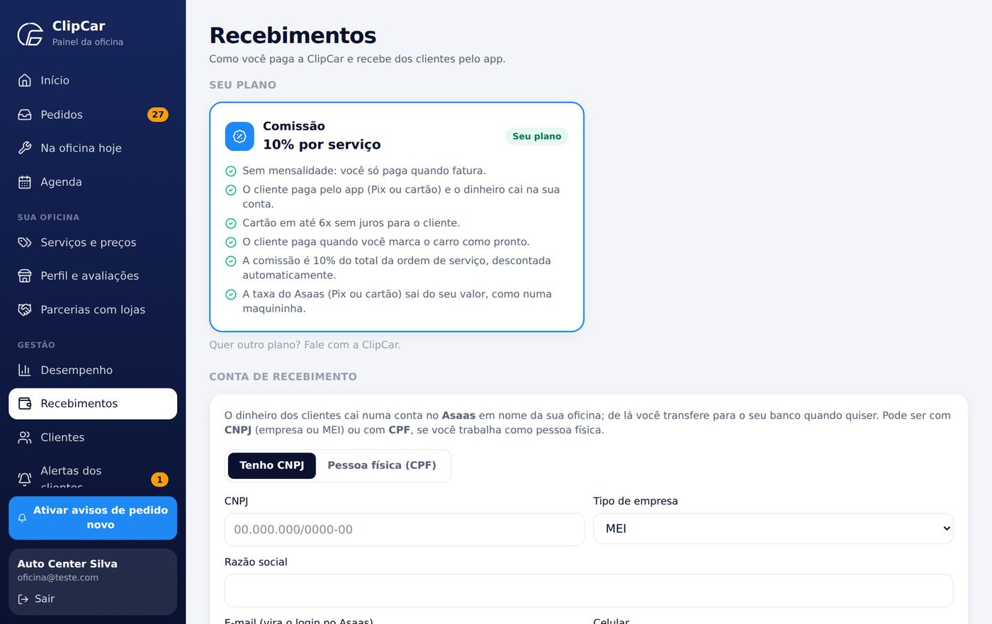 Tela Recebimentos com o plano e a conta de recebimento