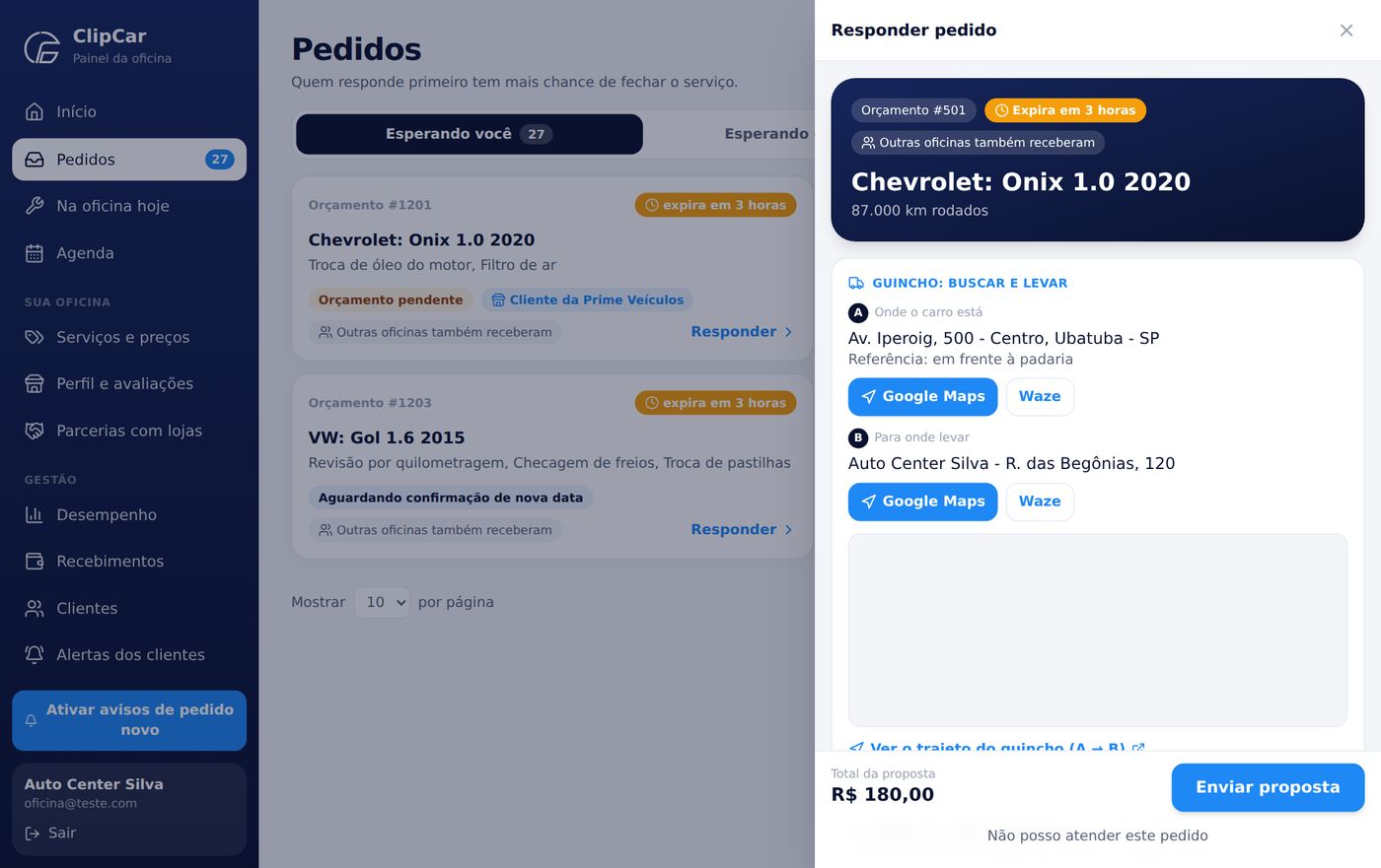Tela de responder pedido com serviços, valores e condições