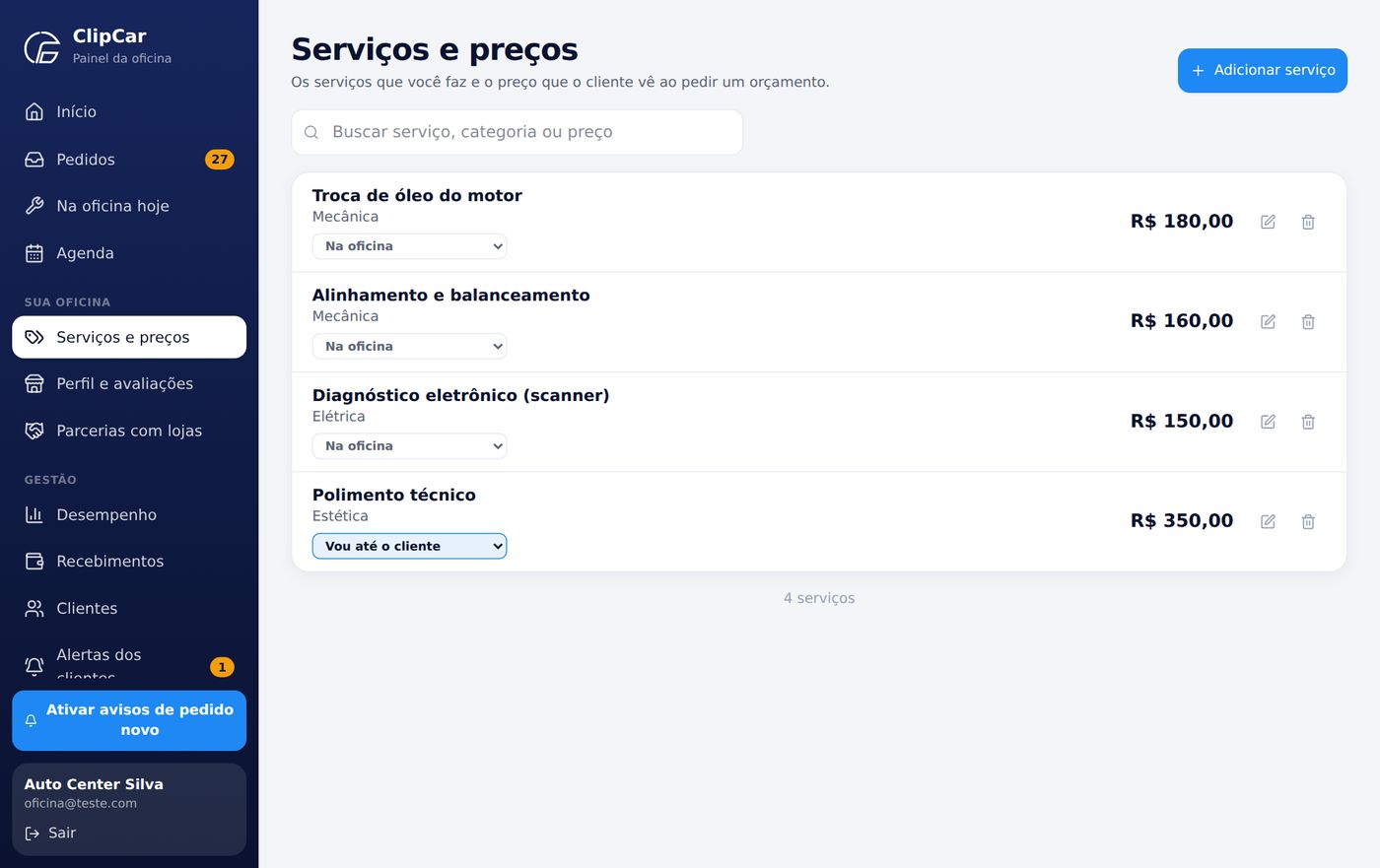 Lista de serviços com preços