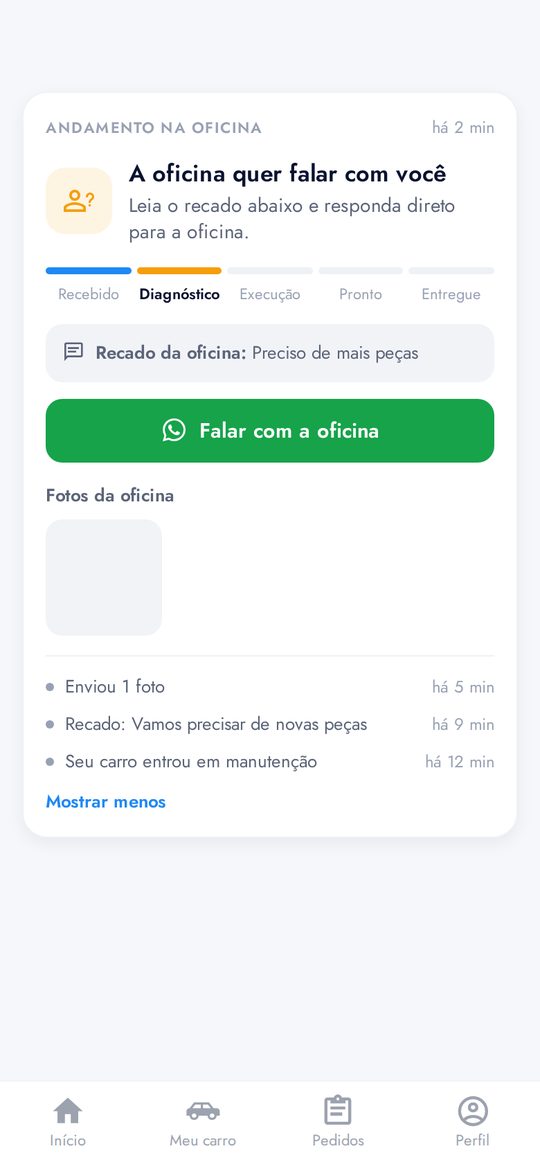 Pedido com a oficina pedindo aprovação e a linha do tempo do serviço