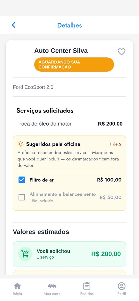Quadro de serviços sugeridos com caixas de seleção