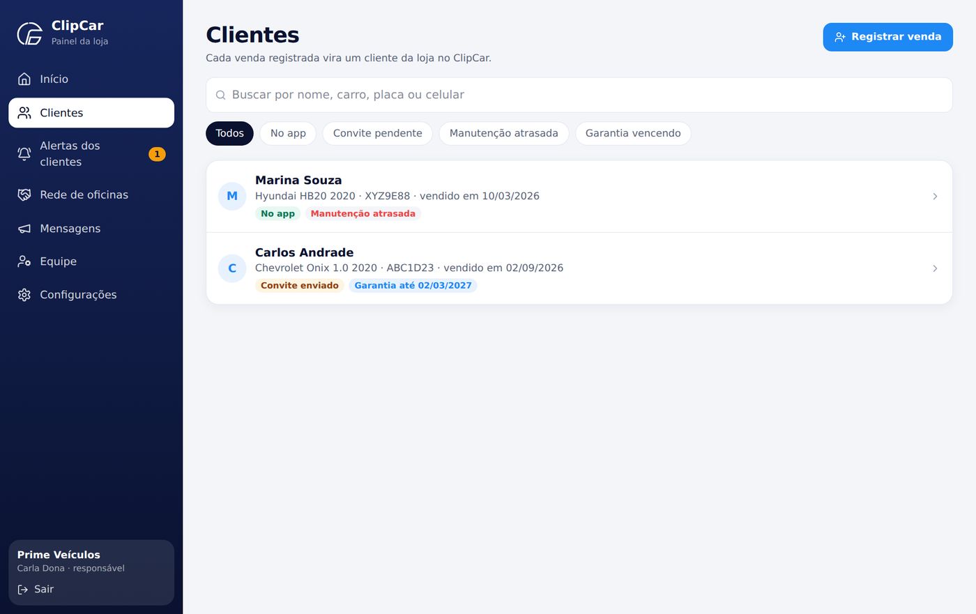 Lista de clientes da loja com filtros