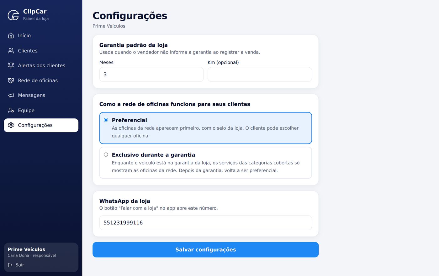 Configurações da loja