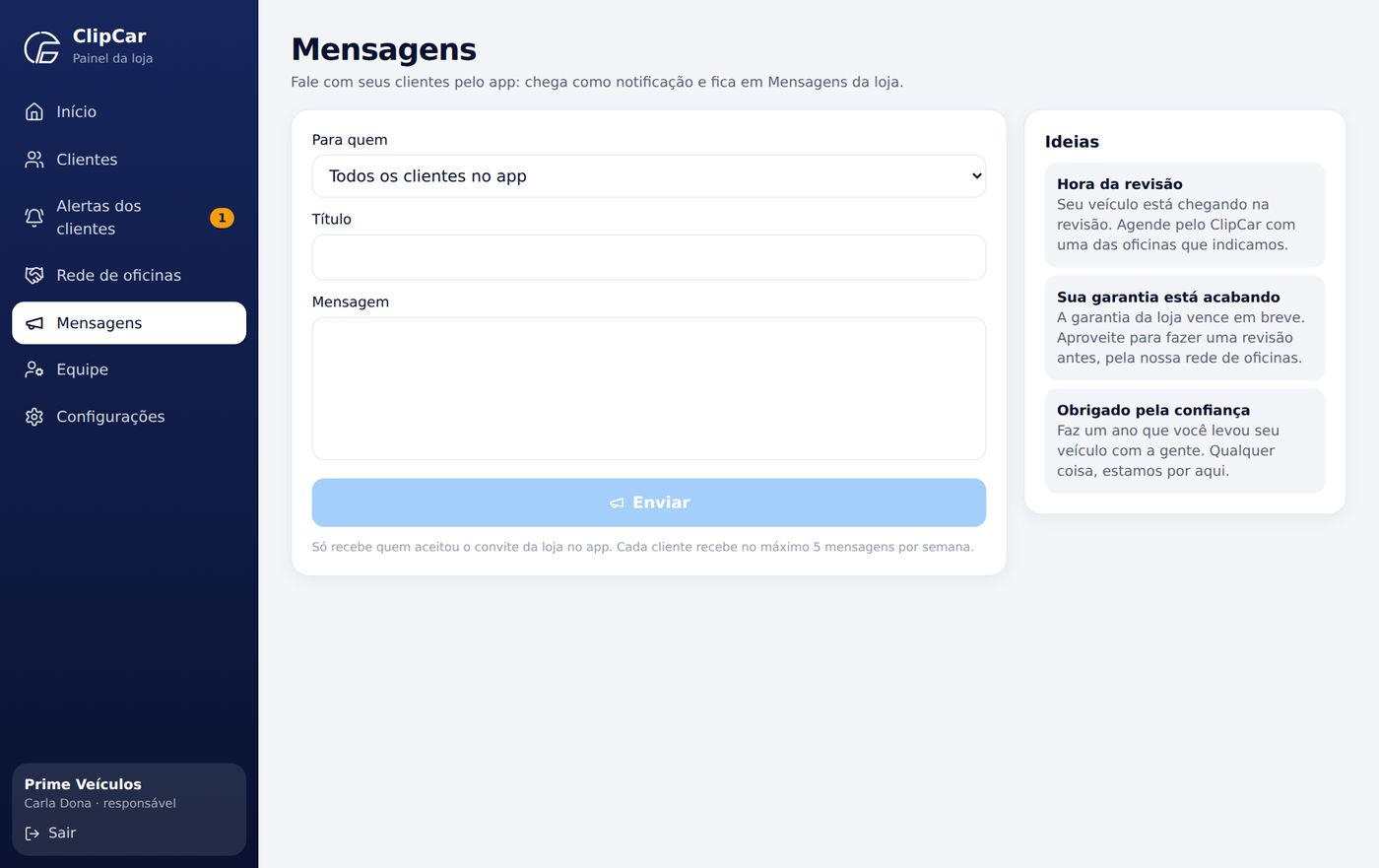 Envio de mensagem para os clientes da loja