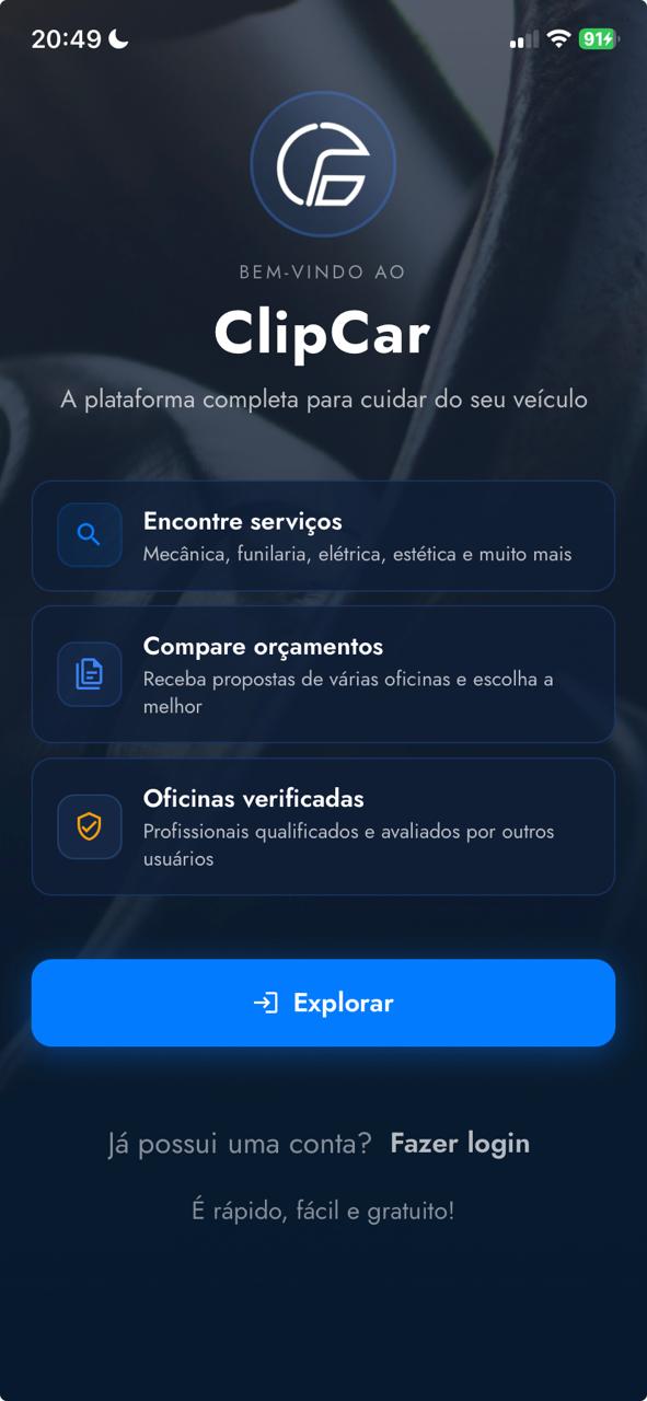 Tela de boas-vindas do app ClipCar com o botão Explorar